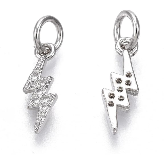 5Pcs Lightning Charms Brass Micro Pave Cubic Zirconia Charms with Jump Ring Clear Real Platinum Plated