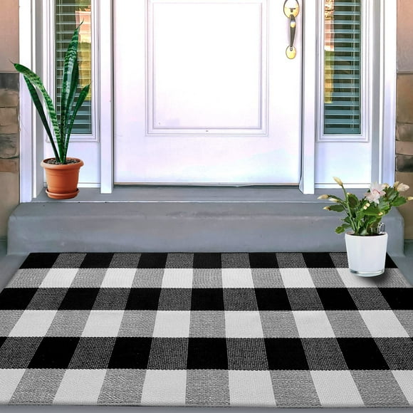 Black and White Checkered Rug 23.6” x 52” Large Buffalo Plaid Rug Outdoor Front Porch Rug Door Mat Decor