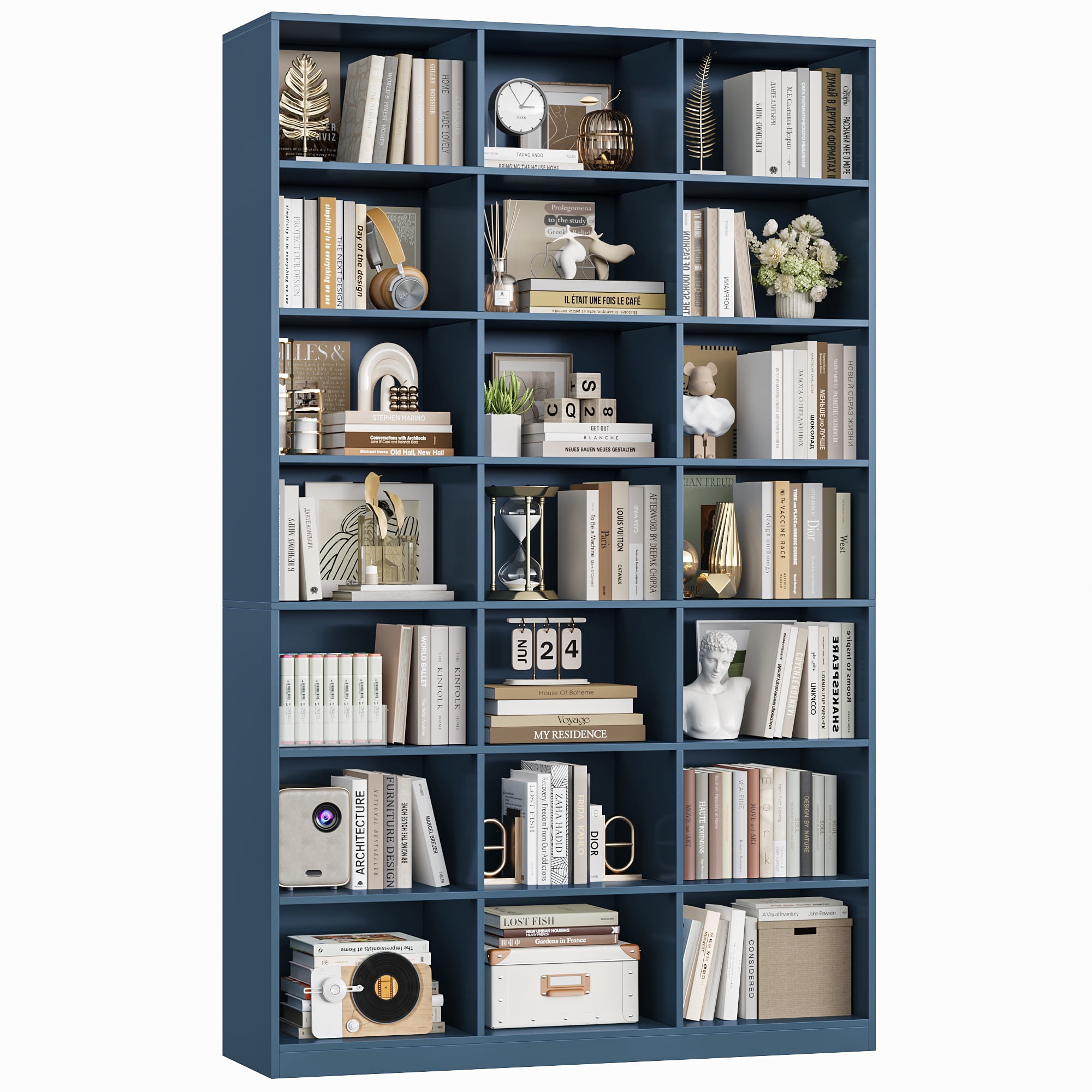 Hiphuta 21-Cube Bookcase, 86"H Tall Wooden Bookshelves for Bedroom, Living Room and Office, Freestanding Display Shelves Cube Organizer, Blue