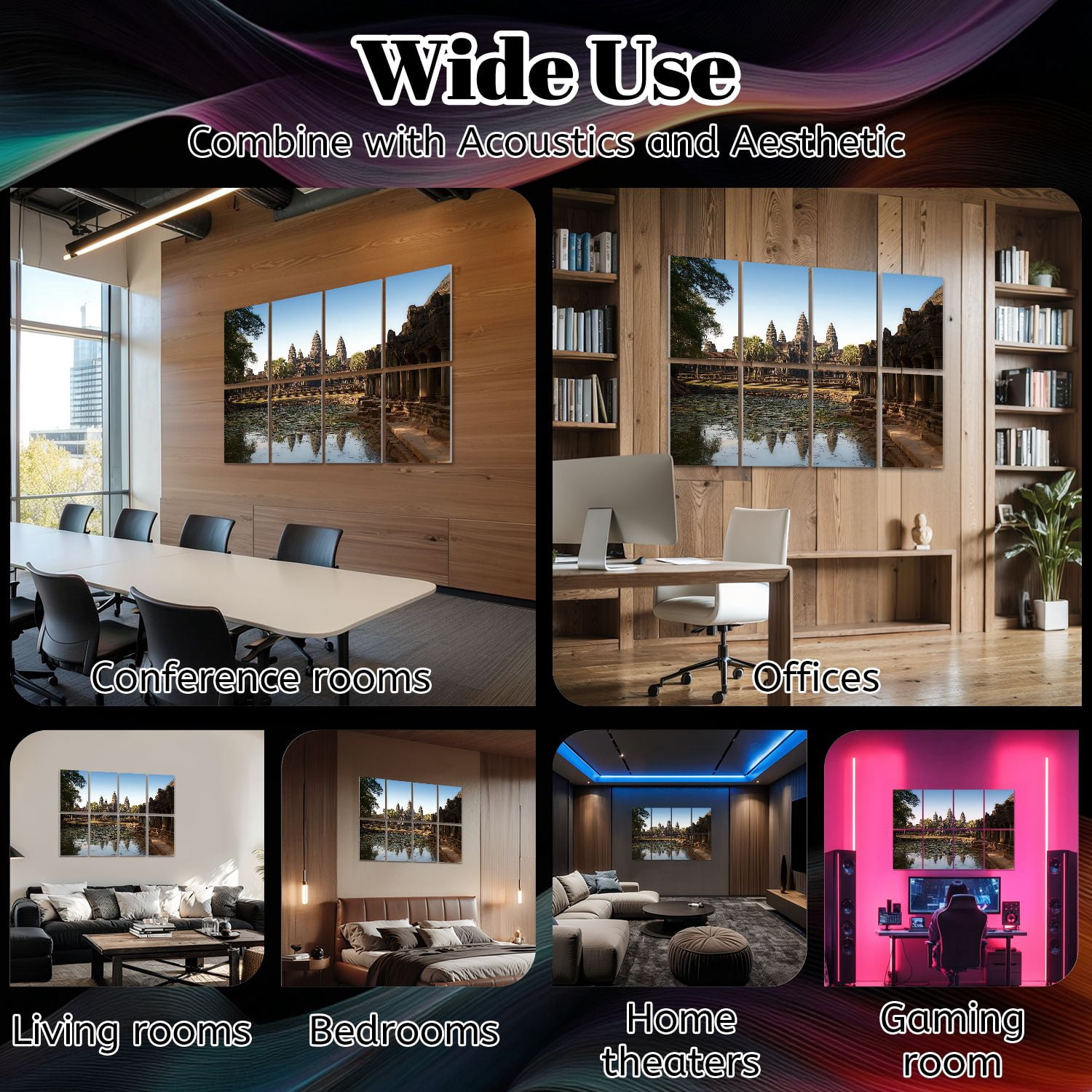 8 Pack Art Acoustic Panels Sound Absorbing angkor before sunset cambodia waters Decorative Soundproof Wall Panels Self Adhesive for Nursery Game Room Bedroom 48"x32"
