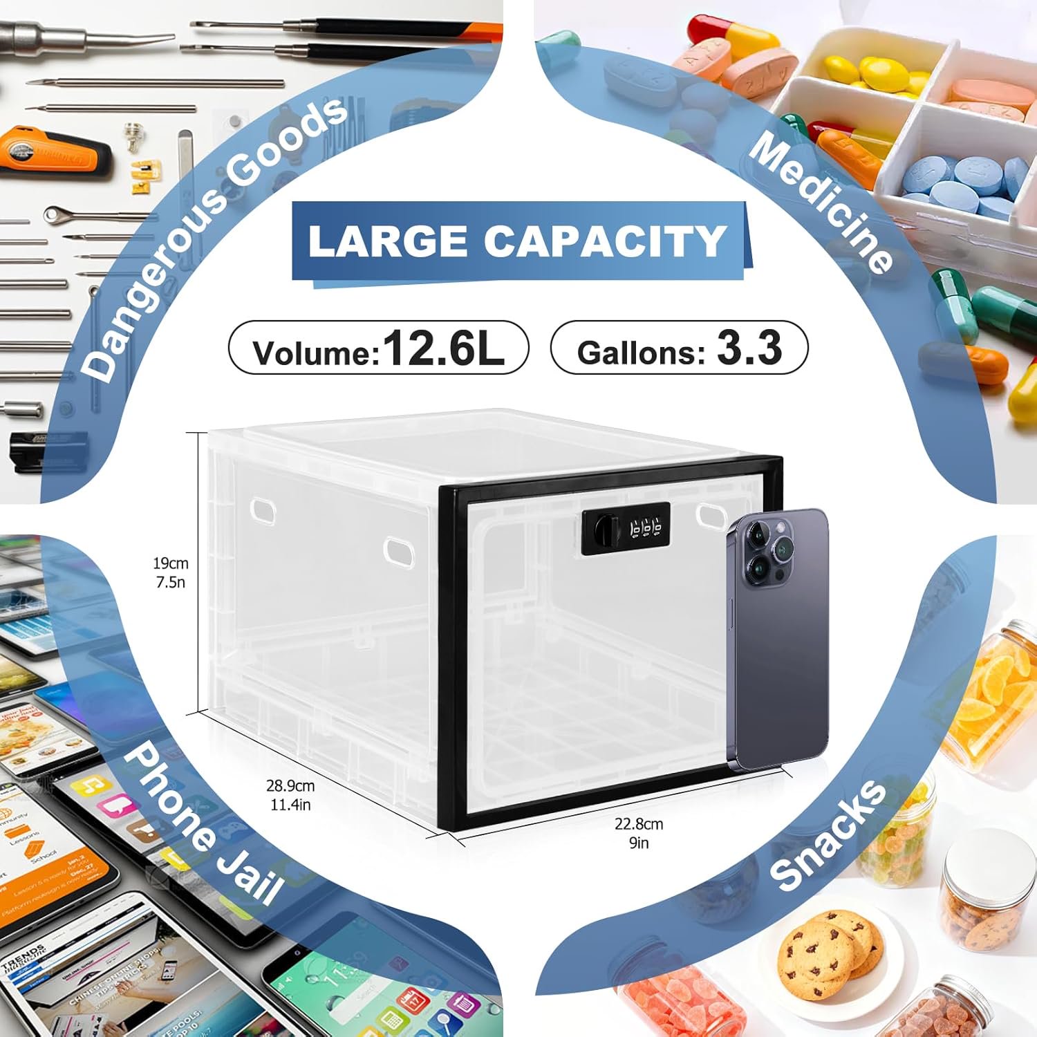 Medicine Lock Box for Safe Storage Lockable Organizer with Combination Code for Medication Fridge Food Snacks Phone Tablet Home and Office Use