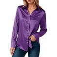 thumbnail image 2 of Huowey Women Casual Shirts Long Sleeve Solid Color Stain Blouses Button Down Turndown Collared Loose Fit Lightweight Fashionable Formal Classic Dress Shirts Elegant Tops,Purple,L, 2 of 4