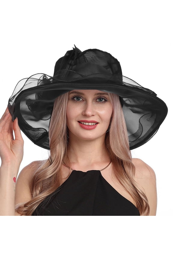 Women Organza Church Derby Hat Wide Brim Sun Hats for Wedding Tea Party Fascinator Hat Black One Size