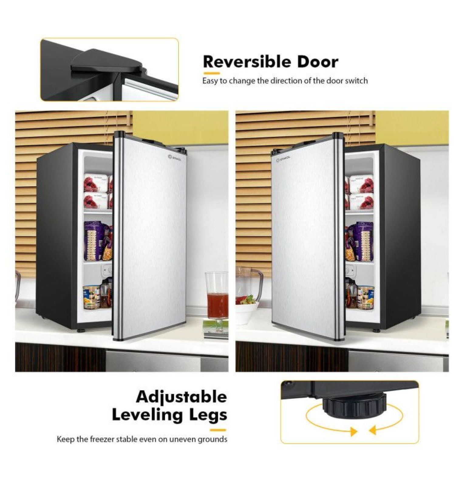 Compact Upright Freezer 3.0 cu ft - Stainless Steel Door - Mini Freezer - Adjustable Temp Control - Space Saving - Manual Defrost
