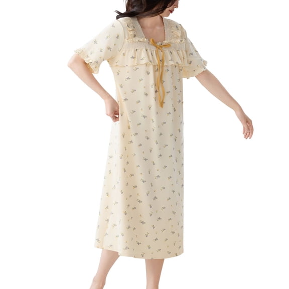 SWSMCLT Women's Cotton Maternity Nightgowns Crew Neck Baggy Falbala Summer Night Gown Lace Short Sleeve Fall Sleepwear Style5 Small