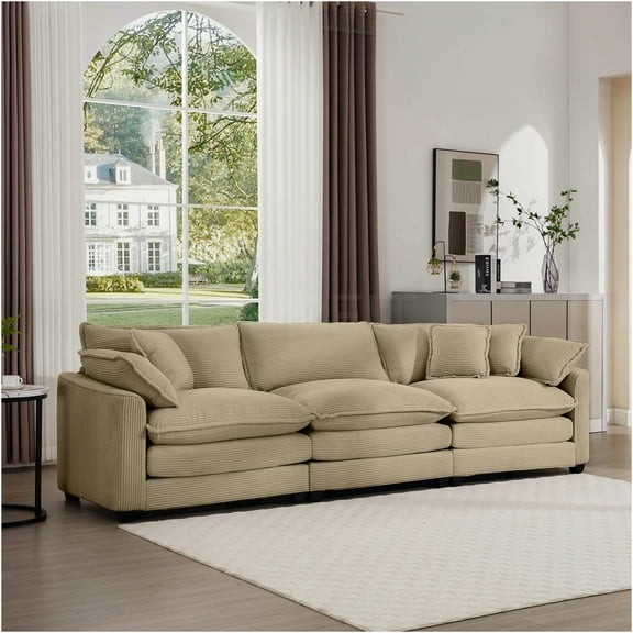 JERFIT Mid-Century Modern 3-Seater Sectional Sofa with Pillows, Soft Corduroy Fabric, Tan Living Room Couch