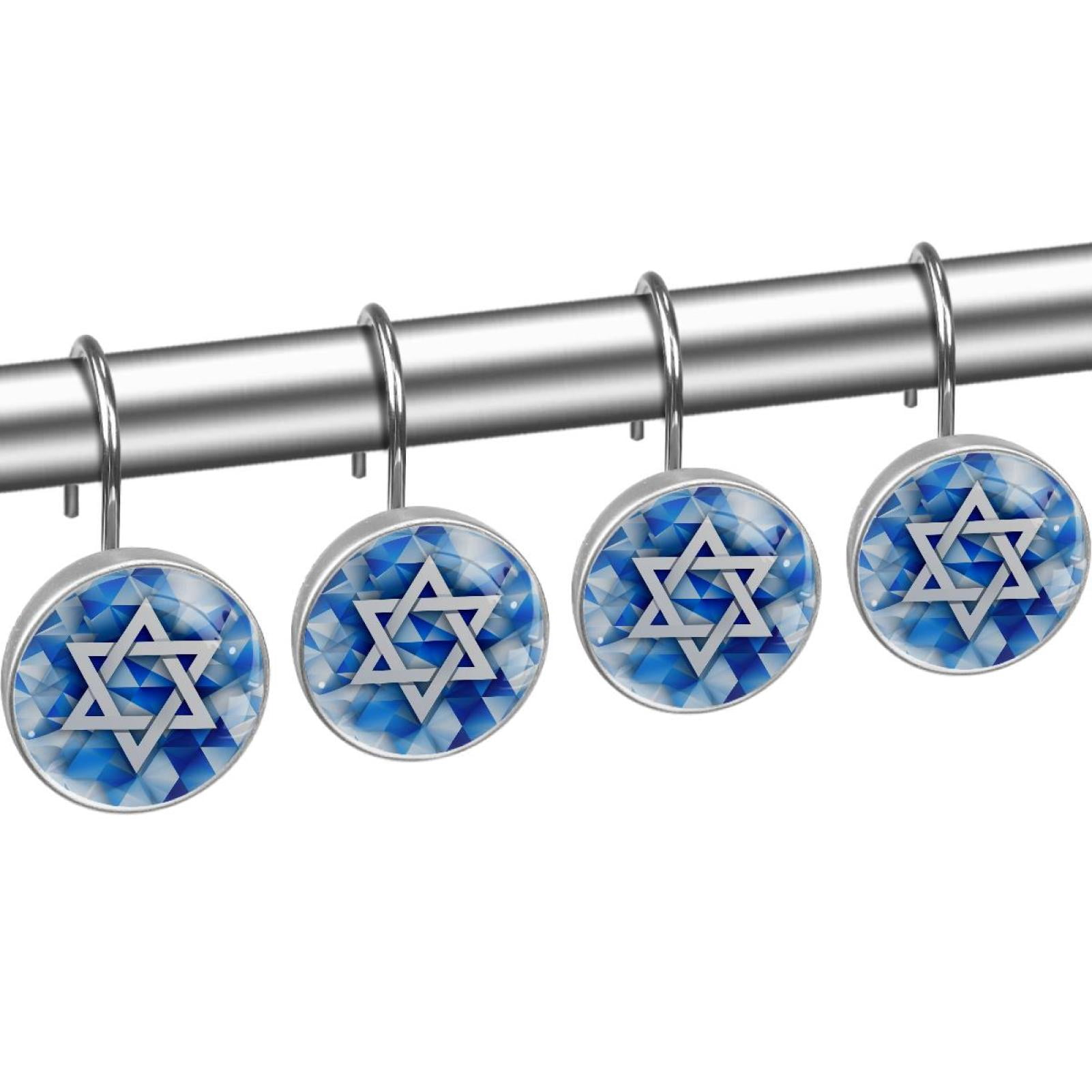 Blue White Israel Flag Shower Curtain Hooks Round Crystal Glass, Set of 12 Shower Curtain Rings - Shower Hooks for Curtain Shower Rings