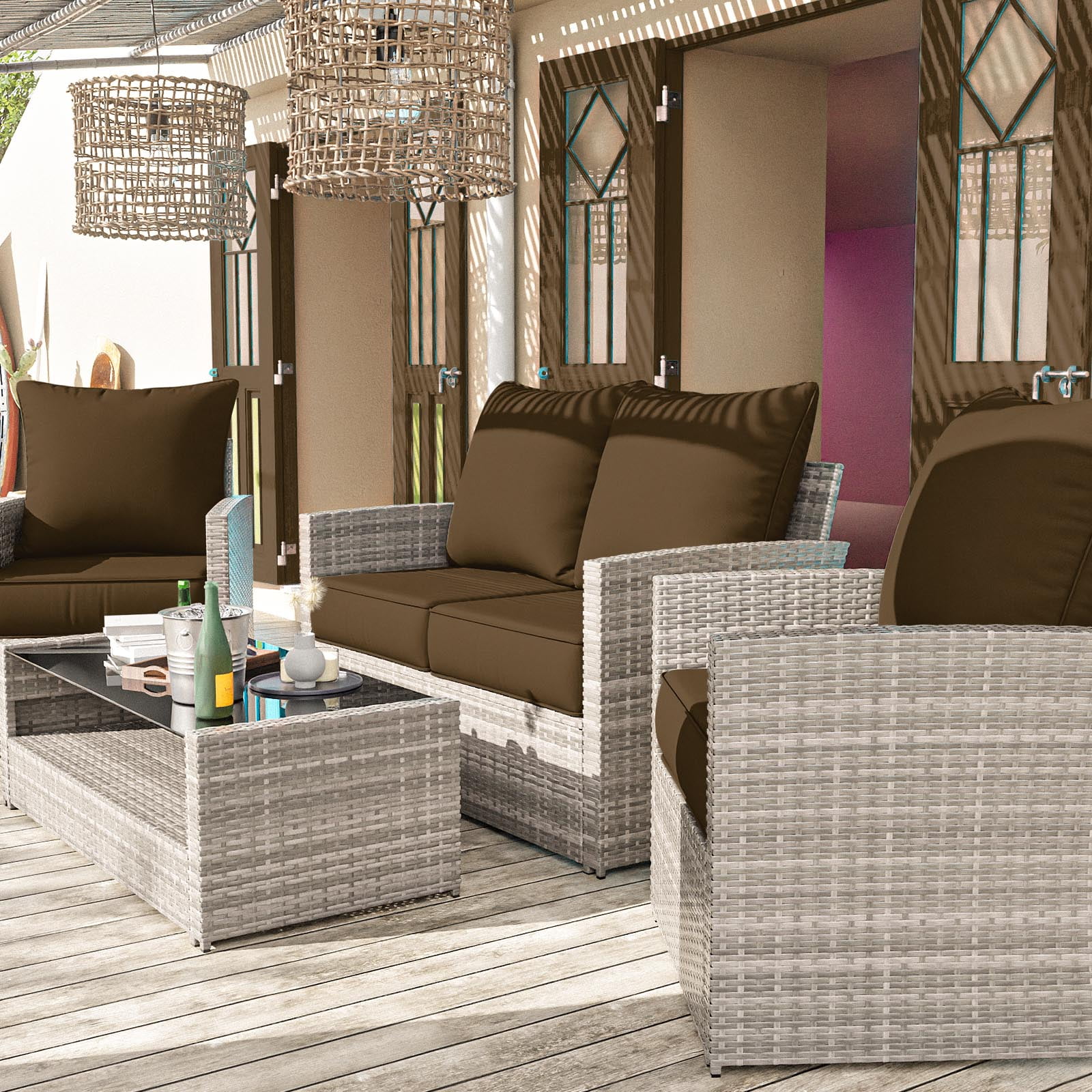 Snubbull Outdoor Deep Seat Cushion Set 24 X 24 X 6.5 inch Splash-Proof & Fadeness Patio Furniture Cushions，Removable Outdoor Couch Cushions with Hidden Zipper & Adjustment Staps, Chocolate
