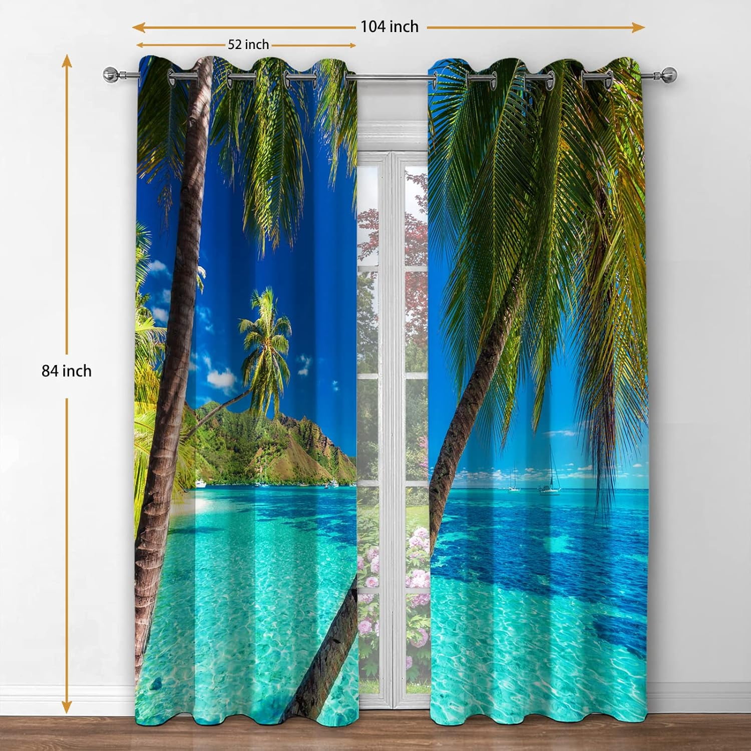 Ocean Palm Tree Blackout Curtains Tropical Beach Theme Clear Sea Island View Seaside Scenery Print Grommet Window Drapes Decor for Bedroom Living Room Blue 2 Panel Set, 52"x84"