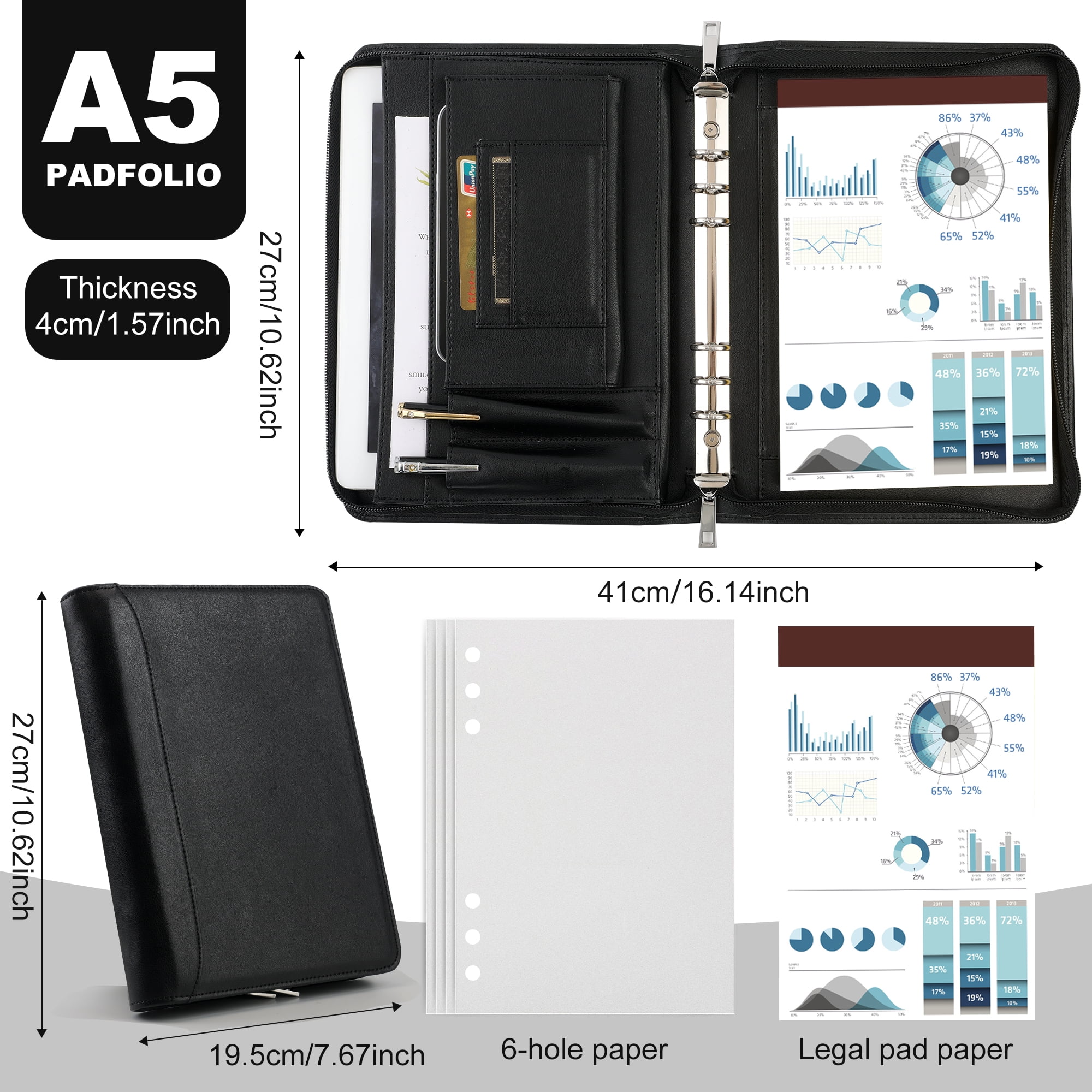 Zippered Leather Binder Padfolio , A5 Binder 6 Ring Vegan Leather Portfolio Folder, Professional Document with A5 Clipboard Holder, Tablet for iPad Mini/iPad Air 2, Gift for Men