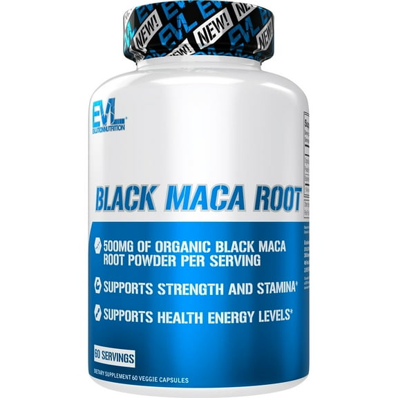 Evlution Nutrition Black Maca Root - Energy Support - 500mg Organic Black Maca Root Powder - Workout Supplement - Vegetarian Capsules - For Strength Performance & Stamina - 60 Servings