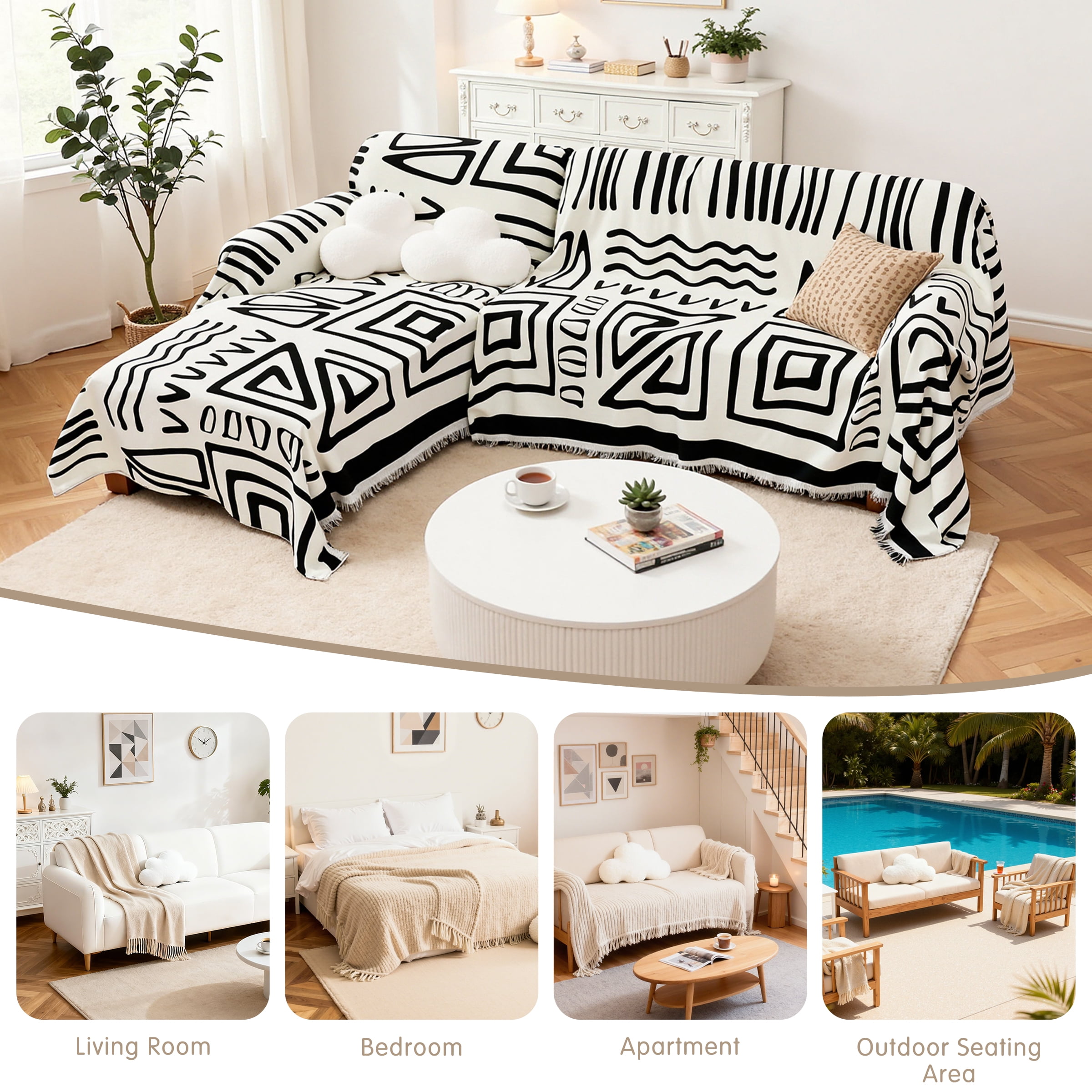 Dyfun Boho Reversible Sofa Cover - Pet-Proof Chenille Couch Protector & Decorative Throw for 3-Cushion Couches, 71"x134"