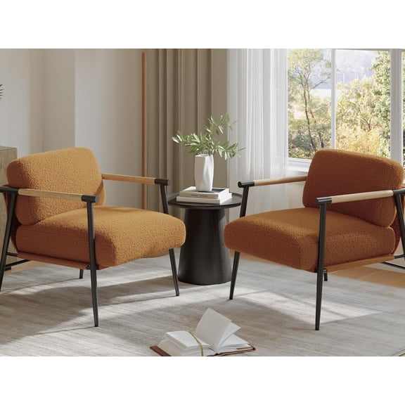 Modern Accent Chair, Comfy Chair with Metal Frame Wooden Armrest, Cozy Reading Chair with Soft Cushion for Bedroom, Living Room, Brown Set of 2