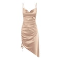 thumbnail image 6 of OSOLU Solid Color Women Shiny Satin Adjustable Straps Backless Cowl Neck Asymmetric Hem Ruched Midi Dress Leisure Sundress Wedding Guest Dresses For Women, 6 of 6