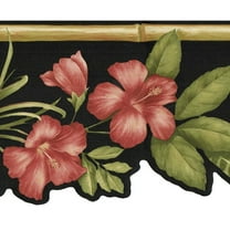 Trimz Tropical Red Hibiscus Flower Floral Leaf Wallpaper Border - Scalloped Design, Black Background, Rustic Bamboo Accent, 15' L x 6.3" W