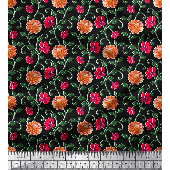 Soimoi Cotton Duck Fabric Leaves & Dahlia Floral Printed Craft Fabric by The Yard 42 Inch Wide