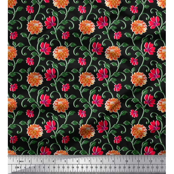 Soimoi Cotton Duck Fabric Leaves & Dahlia Floral Printed Craft Fabric by The Yard 42 Inch Wide