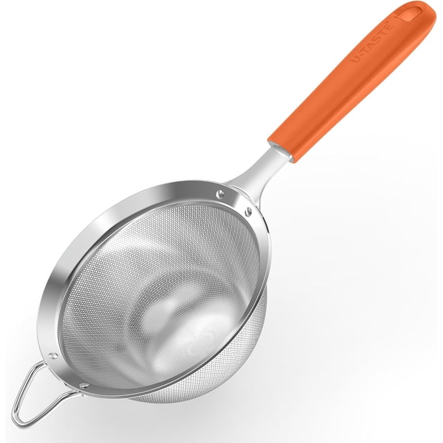 U-Taste Medium Fine Mesh Strainer: 18/8 Stainless Steel 4.73in 30 Mesh Kitchen Food Sieve with Sturdy Riveted Silicone Handle, Heavy Duty Deep Handheld Metal Colander for Rice, Quinoa (Orange)