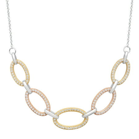 Cable Link Necklace with Cubic Zirconia in 14kt Rose & Yellow Gold-Plated Sterling Silver