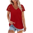 thumbnail image 2 of Summer Oversize Shirts for Womens Fashion Casual Loose Solid Color V-neck Lace Patchwork Short Sleeved Top, 2 of 9