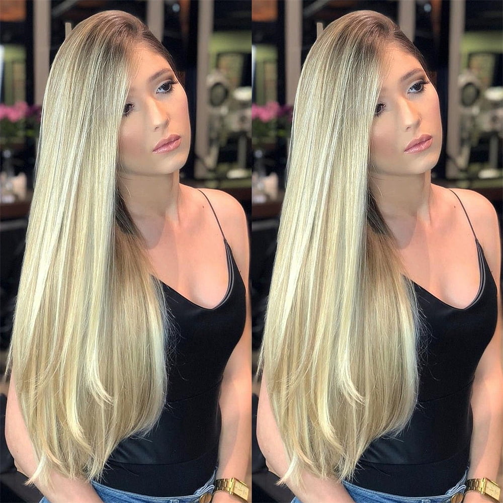 Mint Beige Blonde Ombre Highlight Lace Front Wigs Human Hair Pre Bleached Pre Plucked HD Transparent Lace Frontal Virgin Human Hair Wigs 180% Density Layered Cut Style Wig Human Hair With Baby Hair