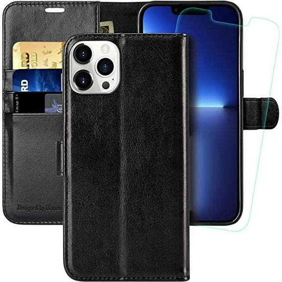 MONASAY Wallet Case Compatible for iPhone 13 Pro Max 5G, 6.7-inch, [Glass Screen Protector Included] [RFID Blocking] Flip Folio Leather Cell Phone Cover with Credit Card Holder