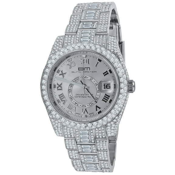 Men's Stainless Steel 18K White Gold Finish Simulated Diamond Watch 42mm W/Date knight