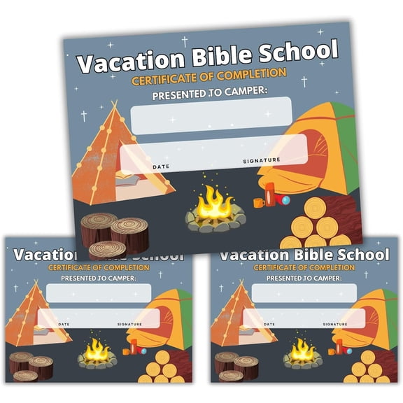 Vacation Bible School VBS Certificate of Completion Award  50 pk 8.5x11 Camping Outdoor Camp Fire Themed Participation