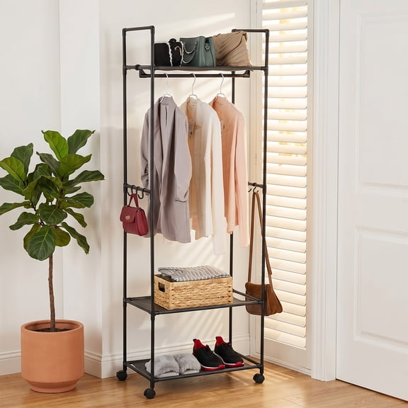 Portable Rolling Garment Rack with Hanging Rod & 2-Tier Shelves, Steel Closet Organizer with Top Bag Shelf, Versatile Clothes Storage for Bedroom, Entryway or Laundry Room, Black