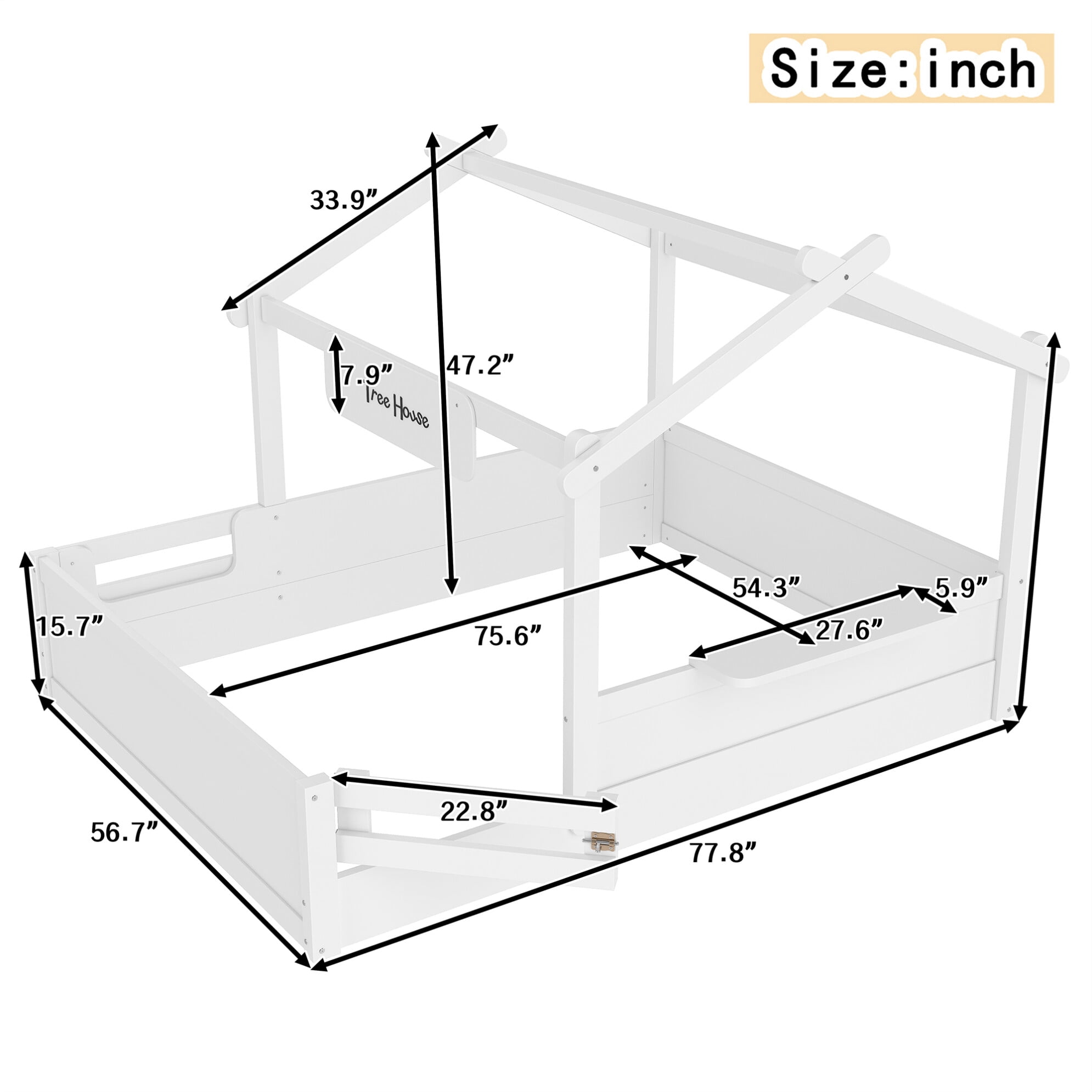 Full House Bed for Kids, Wooden Montessori Floor Bed with Door and Fence, Playhouse Roof Toddler Floor Bed with Built-in Tray for Boys & Girls, White