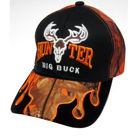 Big Buck Hunter Orange Camo & Black Flames Hunting Hat Cap Adult Men s Adjustable (Style 1)