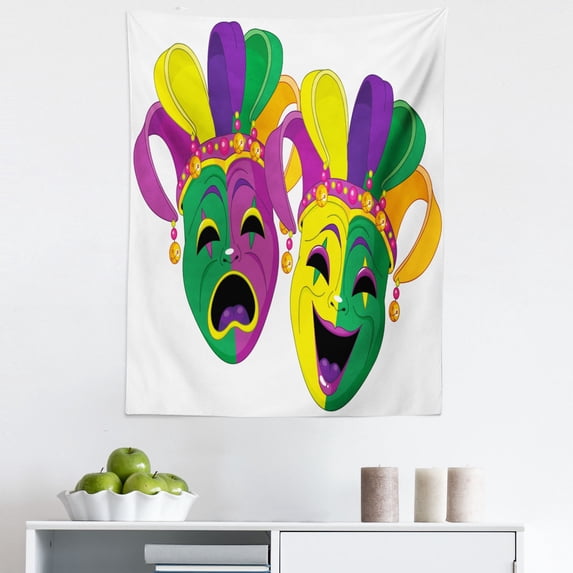 Mardi Gras Tapestry, Traditional of Tragedy and Comedy Festival Celebration Masquerade Theme, Fabric Wall Hanging Decor for Bedroom Living Room Dorm, 5 Sizes, Multicolor, by Ambesonne