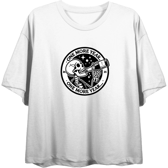 Skeleton Drinking Wine One More Year Women's White Crew Neck Short Sleeve Crop Tee-Medium