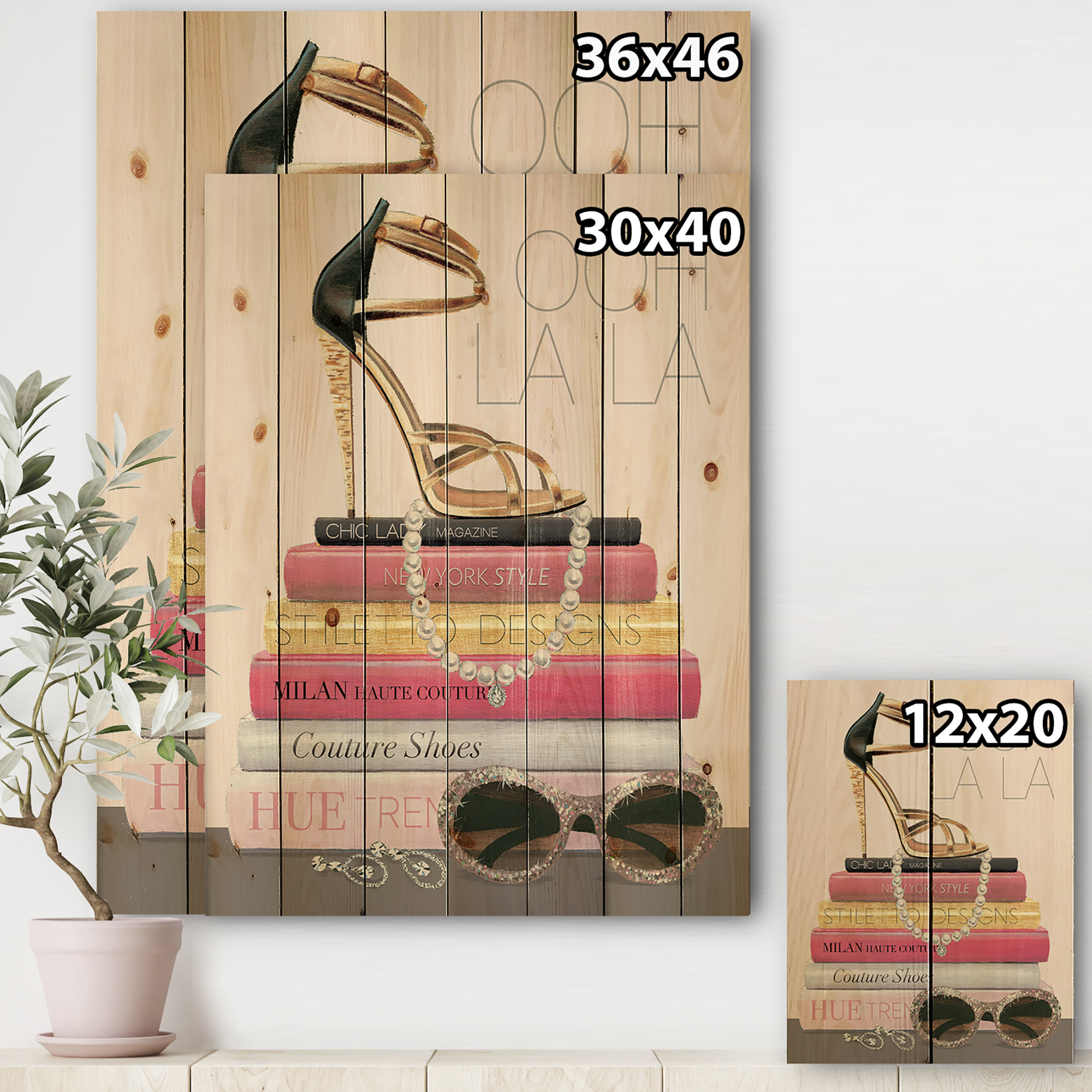 Designart 'Glamourous Paris Gold Style II' Fashion Print on Natural Pine Wood
