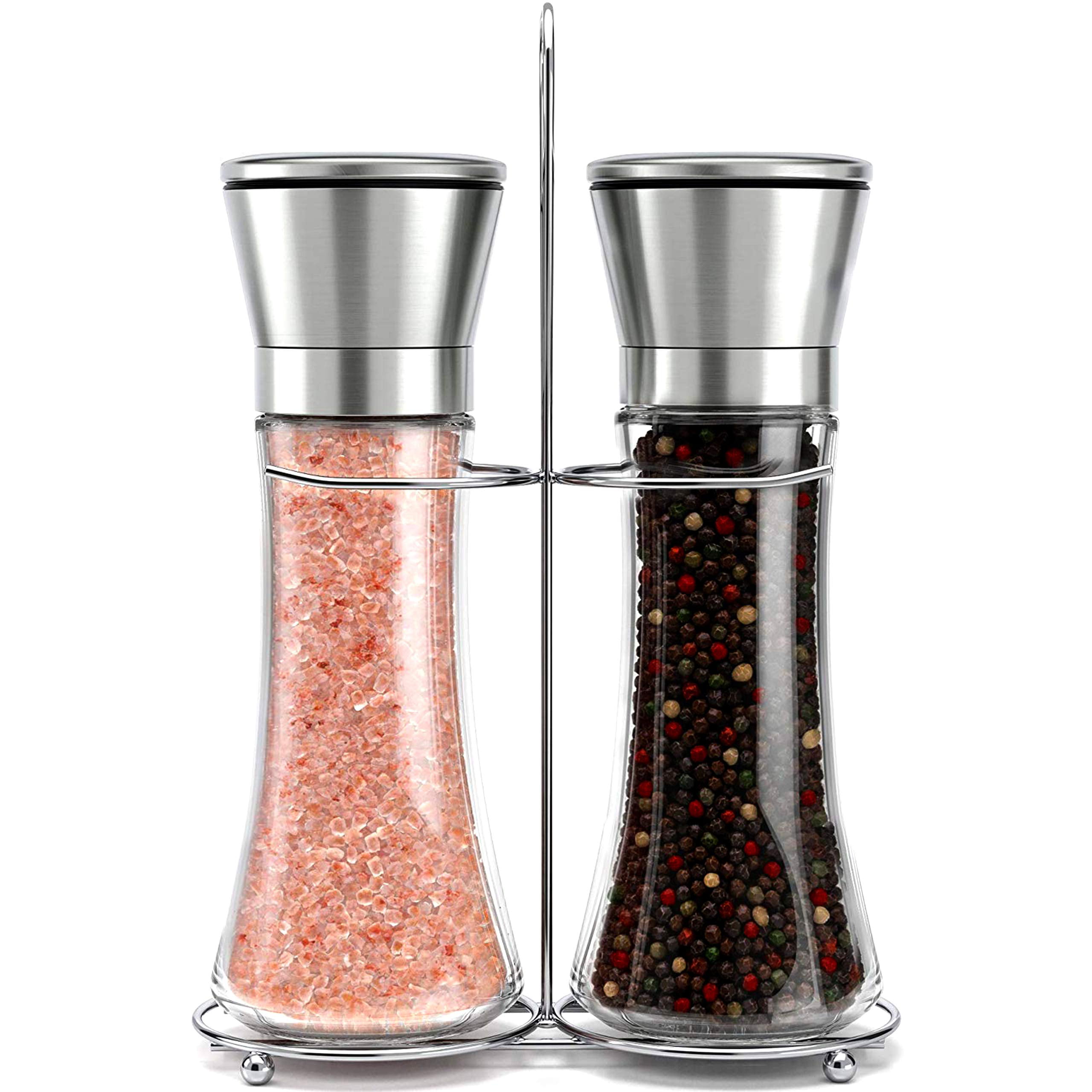 Tall Glass Salt and Pepper Shakers Premium Stainless Steel Salt and Pepper Grinder Set of 2 Pepper Mill & Salt Mill with Free Funnel & EBook Adjustable Ceramic Sea Salt Grinder & Pepper Grinder