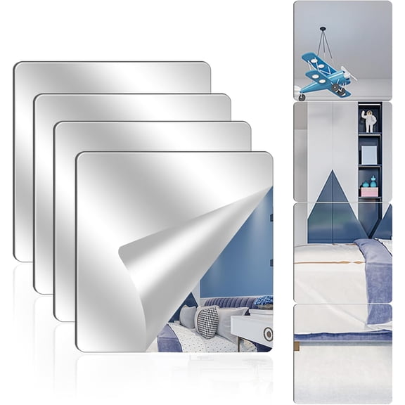 4 Pack Acrylic Mirrors for Wall,8 x 8 Inch Self Adhesive Frameless Small Mirror Tiles, Flexible Plastic Mirror Sheets for Bedroom Home Gym Door (8 * 8 inch)