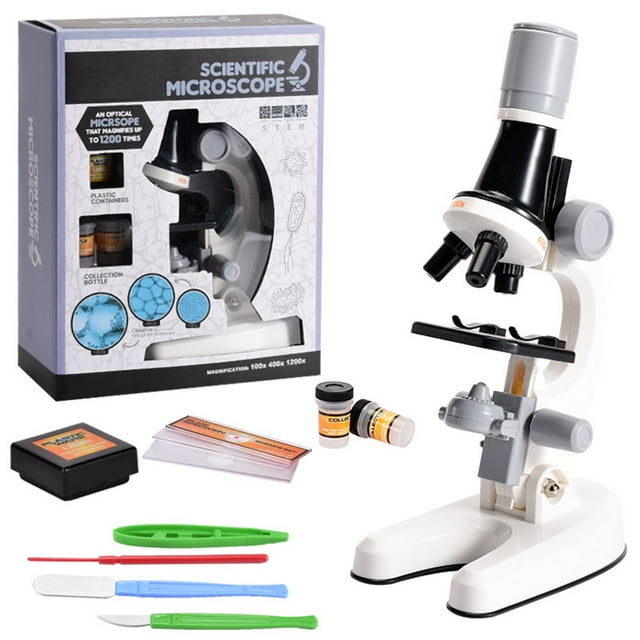Microscope for Kids 100X 400x 2000X Magnification Kids Science Toys with Microscope Slides LED Light and Box Education Scientific Toys for Child White