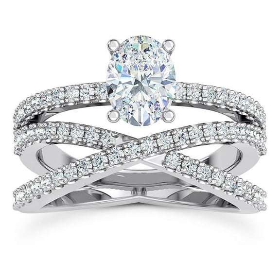 Spot Jewel Criss Cross Engagement Ring for Women - Lab Created 2 Ct Oval Cut Diamond Wedding Jewelry - 14K White Gold Plated Pave Set Band - Elegant Ring for Bridal Wear - Criss Over Rings