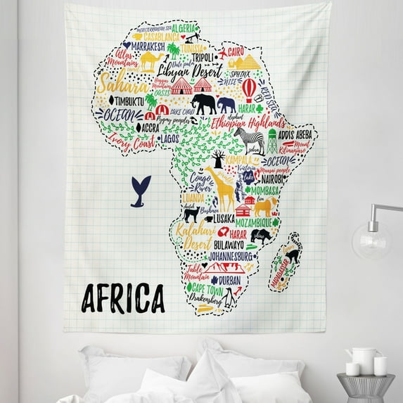 Saying Tapestry, Colorful Lettering of Countries in Continent with Animals Art Print, Fabric Wall Hanging Decor for Bedroom Living Room Dorm, 5 Sizes, Multicolor, by Ambesonne