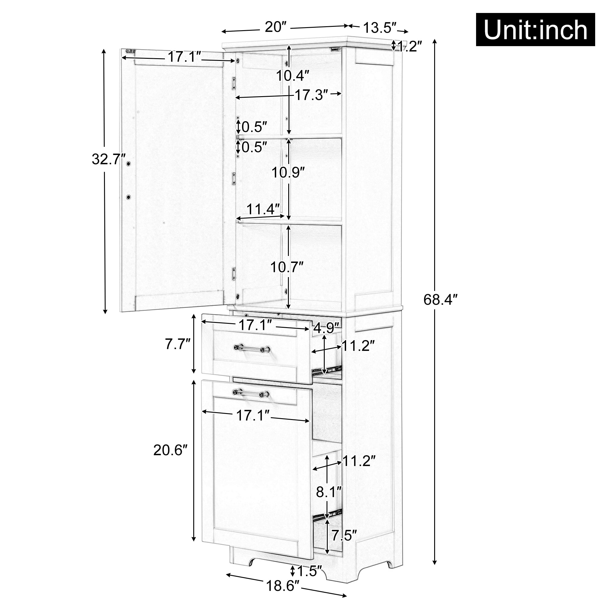 ALEXLOGER 68.1"/68.4" Tall Bathroom Storage Cabinet with 1 Door and 2 Drawers, Freestanding Linen Cabinet, Wooden Pantry with Adjustable Shelf for Kitchen, Bathroom, Living Room