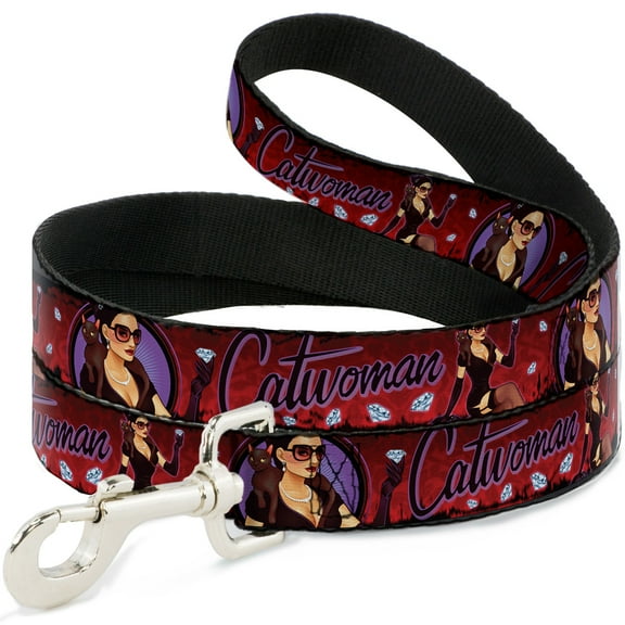 DC Comics Pet Leash, Dog Leash, Catwoman Bombshell Pose Diamonds Red Purple Black, 4 Feet Long 1.5 Inch Wide