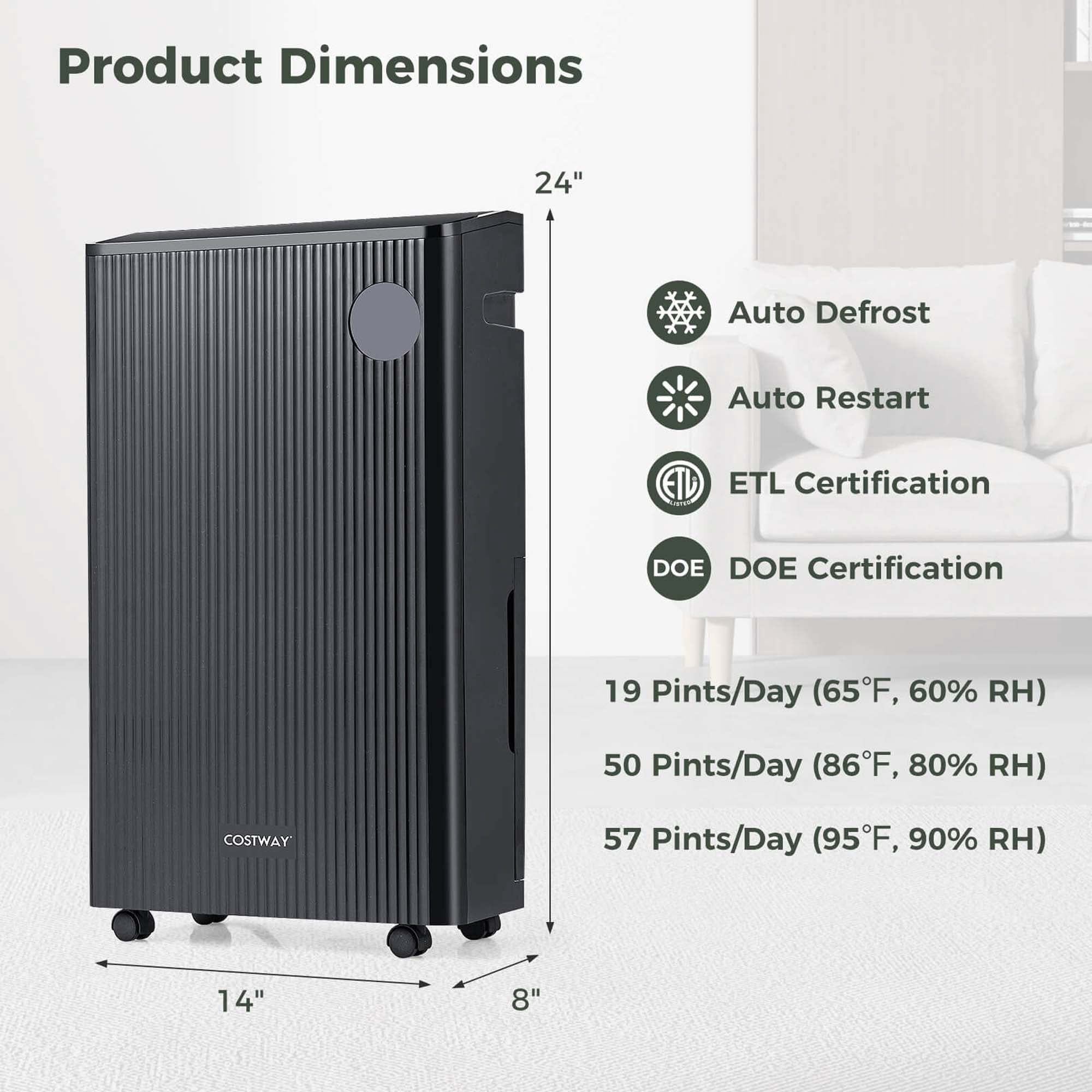 Costway 19-Pint(DOE) 4500 Sq. Ft Dehumidifier for Basement with 4 Modes 3-Color Indicator 24H Timer (MAX 57Pint at 95°F, 90%RH)