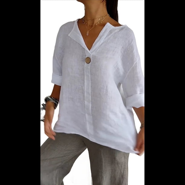 Camisa de para Mujer, Cuello en V, Botones, Blusa , Mangas 3/4, Informal, Holgada, Estilo Túnica, Camisetas de Verano. S