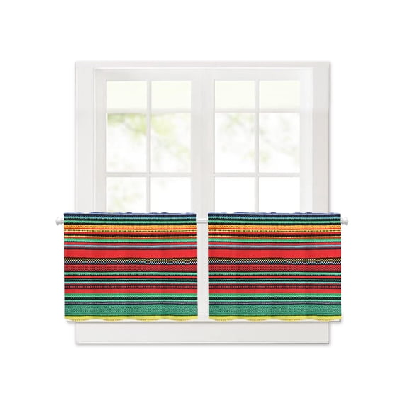 Mexican Colorful Stripes Short Blackout Curtains 24 Inch Long,Rainbow Lines Ethnic Style Rod Pocket Kitchen Curtains,2 Panels Thermal Insulated Room Darkening Drapes for Bedroom,30"W x 24"L