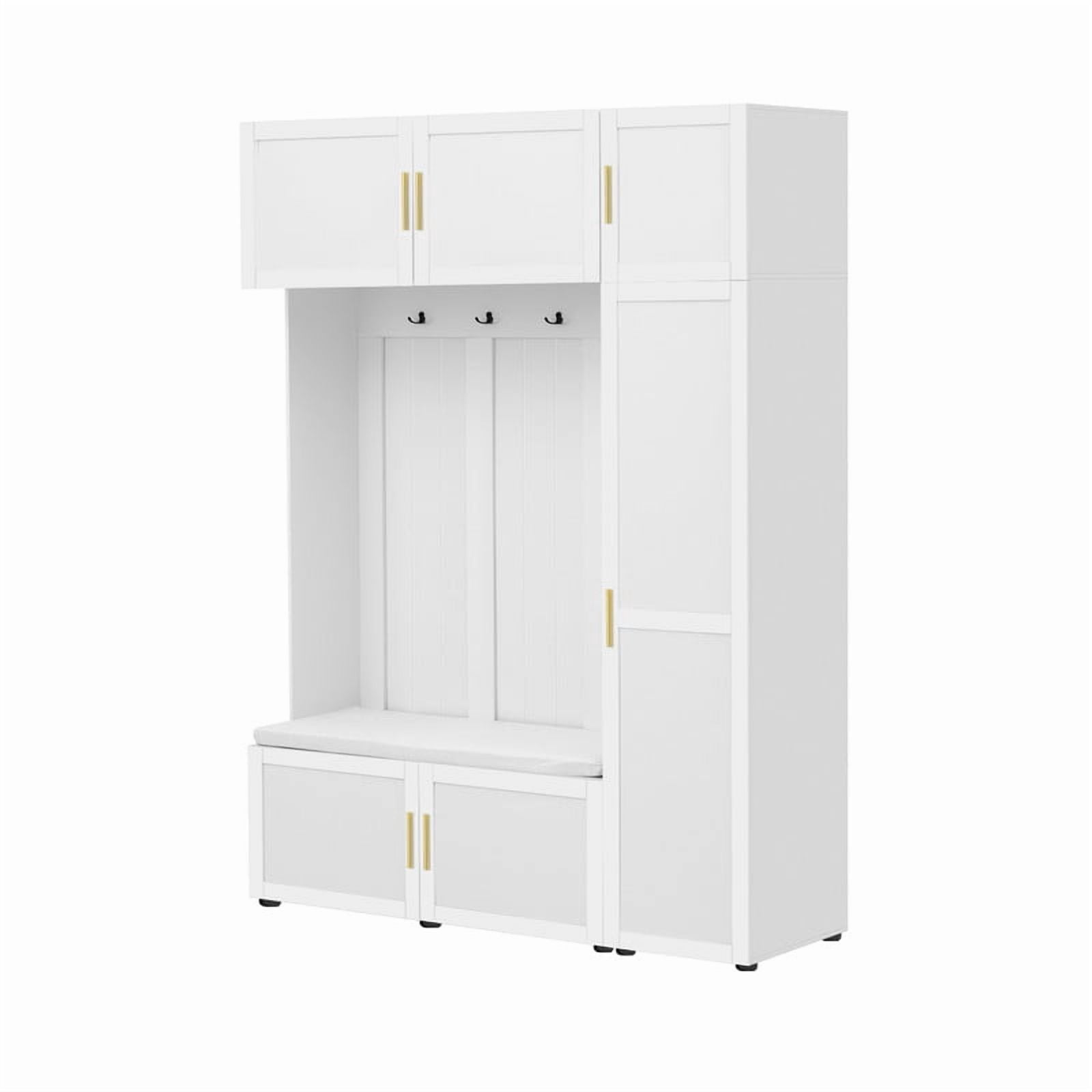 4-in-1 Hall Tree with Padded Bench and Storage Cabinets, Entryway Coat Rack with 4 Hooks and Multi-Tier Storage Shelves, Mudroom Bench Shoe Organizer for Living Room Hallway