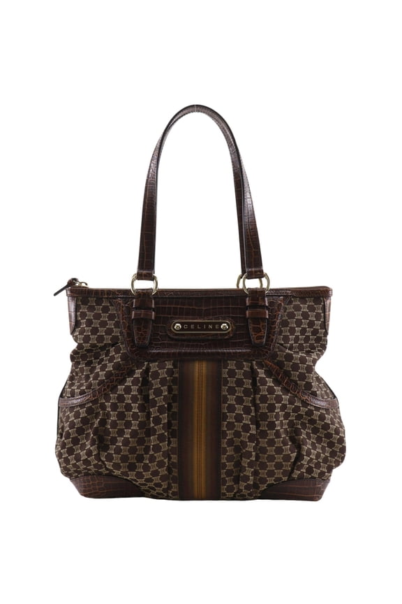 Pre-Owned Celine Macadam Pattern Tote Bag, Embossed Leather x Nylon Canvas, Brown, A5 Size,...