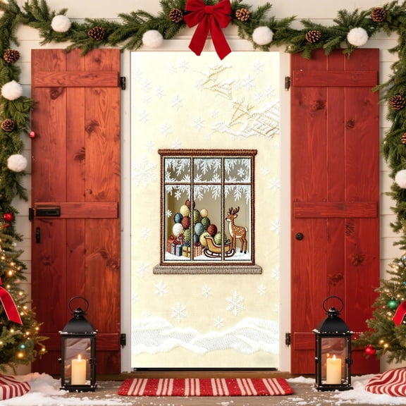 OEFNTAC Christmas Door Curtain 35x72in Stereoscopic Embroidery Style Polyester Wall Cover Panel Holiday Party Backdrop Home Door Decoration Festive Complete