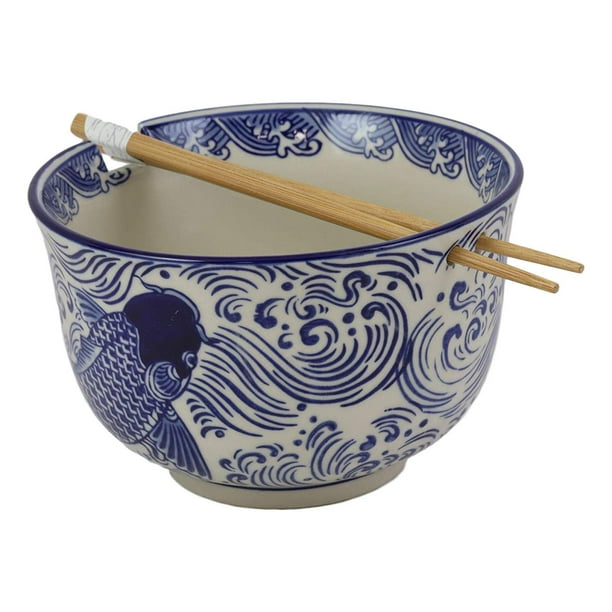 Ming Style Feng Shui Koi Fish 6"D Pho Ramen Soup Rice Bowl With Chopsticks Set