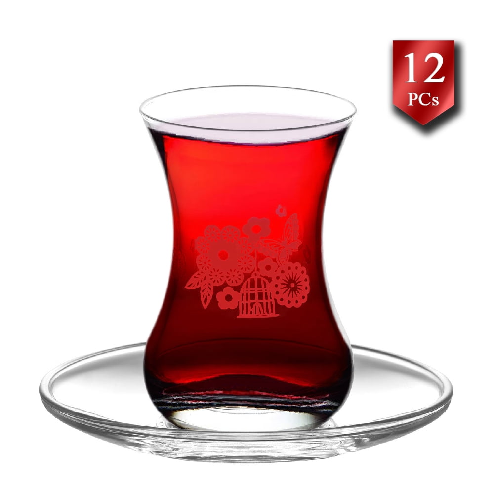 12pcs Designer Glass Turkish Arabic Tea Coffee Serving Set Cups Saucers 140ML 