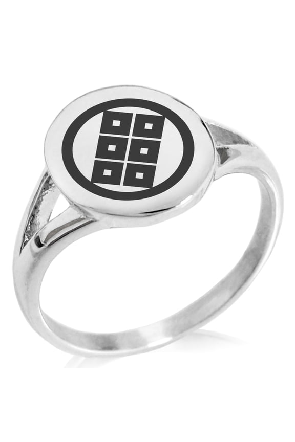 Stainless Steel Shoni Samurai Crest Minimalist Oval Top Polished Statement Signet Ring